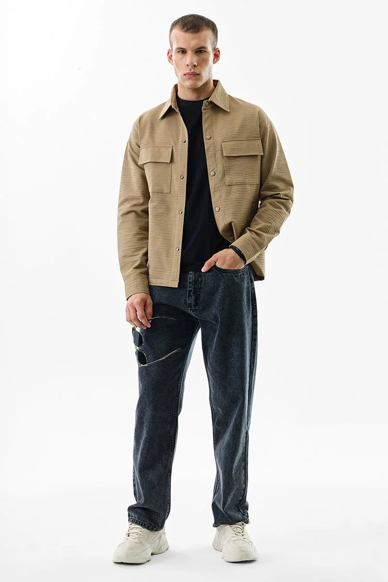 سنيتش Beige Textured Long Sleeve Relaxed Overshirt
