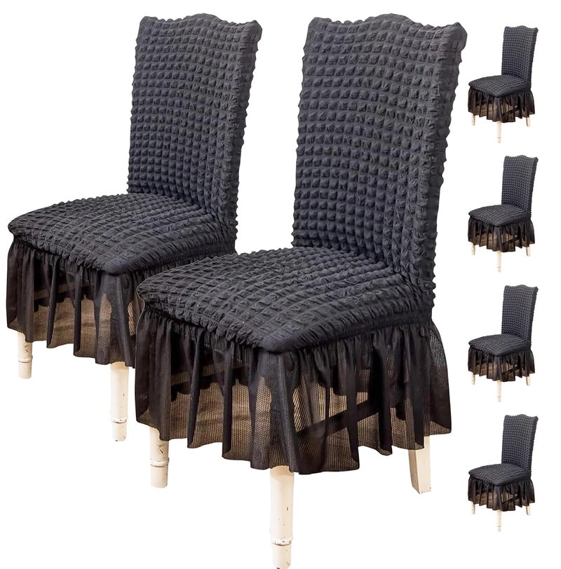 House of Quirk Polyester Turkish Bubble Frill Chair Cover Stretch Removable Washable Short Dining Chair Cover Protector Seat Slipcover (Coffee, Pack Of 6) - Image 1