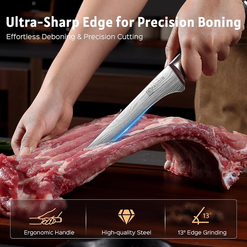 PAUDIN Boning Knife 6 Inch, Super Sharp Fillet Knife, German High Carbon Stainless Steel Deboning Knives, Professional Boning Knives for Meat Poultry Chicken, Pakkawood Handle with Gift Box - Image 3