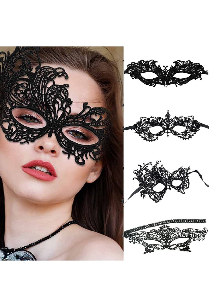 Excefore Women Lace Eye Mask, 4pcs Masquerade Masks Mysterious Face Venetian Eyemask for Carnival Party Costume Ball, Black - Image 1