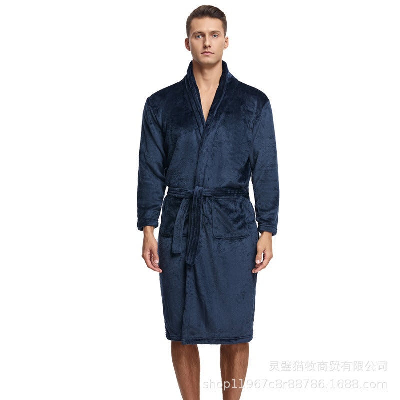 Pajamas Men'S Nightgown Long Season Coral Fleece Thickened Fleece-Lined Flannel Bathrobe Men'S Plus Size Bathrobe - Image 3