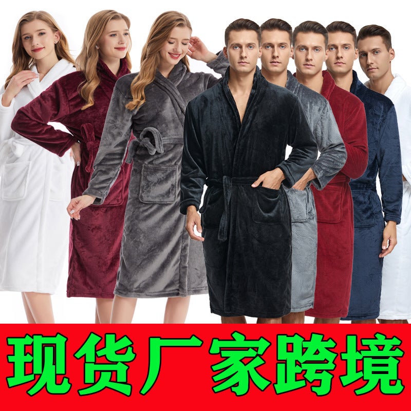 Pajamas Men'S Nightgown Long Season Coral Fleece Thickened Fleece-Lined Flannel Bathrobe Men'S Plus Size Bathrobe - Image 2