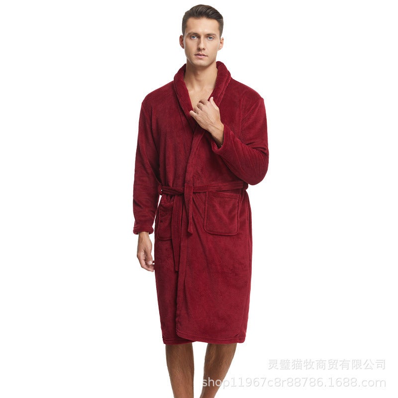 Pajamas Men'S Nightgown Long Season Coral Fleece Thickened Fleece-Lined Flannel Bathrobe Men'S Plus Size Bathrobe - Image 1