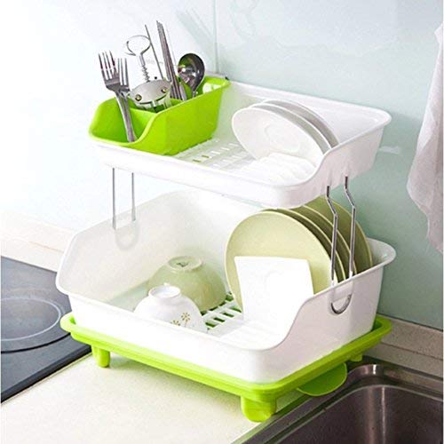 Vruta Plastic Kitchen Dish Drainer Rack with Tray and Cutlery Holder, Green - Image 3