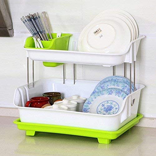 Vruta Plastic Kitchen Dish Drainer Rack with Tray and Cutlery Holder, Green - Image 2