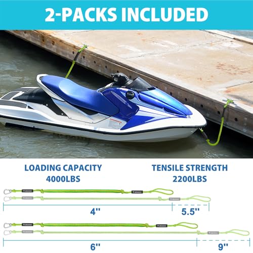 Obcursco Bungee Dock Lines for Boat, Docking Rope with 316 Stainless Steel Clips, Accessories for Jet Ski, PWC, SeaDoo, Yamaha WaveRunner, Marine, Kayak, Pontoon, Sets of Two(4ft & 6ft) (Green/Yellow) - Image 3