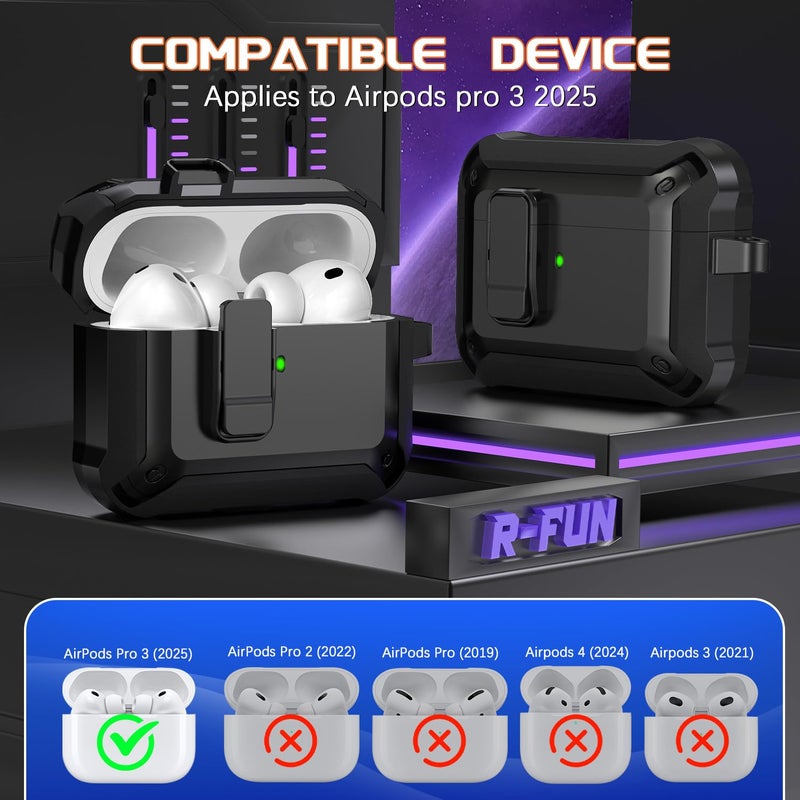 R-fun for AirPods Pro 3 Case (2025) Cover with Cleaning Kit, Military-Grade Heavy-Duty Drop-Resistant with Auto Pop-Up Lid for AirPods Pro 3rd Generation 2025 USB-C Charging Case, Black - Image 2