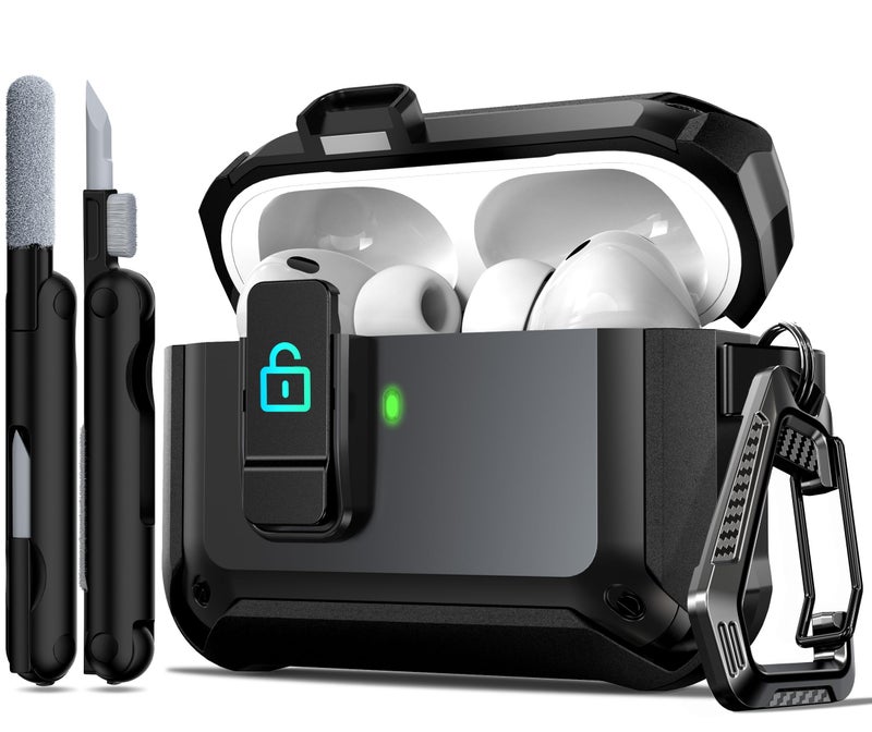 R-fun for AirPods Pro 3 Case (2025) Cover with Cleaning Kit, Military-Grade Heavy-Duty Drop-Resistant with Auto Pop-Up Lid for AirPods Pro 3rd Generation 2025 USB-C Charging Case, Black - Image 1