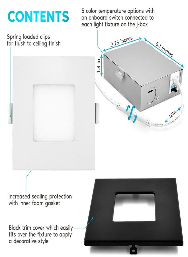 LUXRITE 3 Inch Square Ultra Thin LED Recessed Light with J-Box, 8W, 5 Color Options 2700K | 3000K | 3500K | 4000K | 5000K, Dimmable Wafer Light, 540 Lumens, Black Trim, Energy Star, IC Rated - Image 3