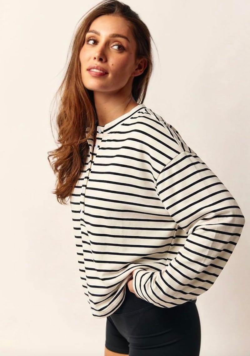 Almere Oversized Cotton Henley Longsleeve Tee, Striped Button Down, Boyfriend Fit (Blue Stripe, Small/Medium) - Image 2