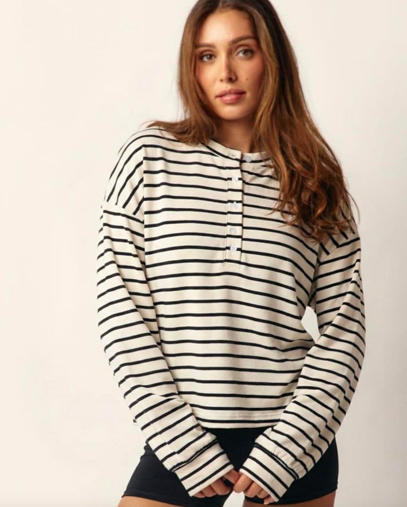 Almere Oversized Cotton Henley Longsleeve Tee, Striped Button Down, Boyfriend Fit (Blue Stripe, Small/Medium) - Image 3