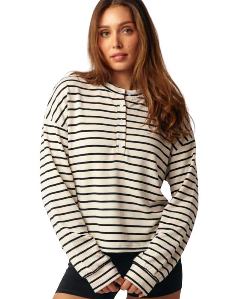 Almere Oversized Cotton Henley Longsleeve Tee, Striped Button Down, Boyfriend Fit (Blue Stripe, Small/Medium) - Image 1
