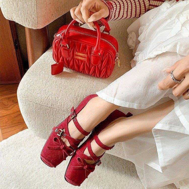 Western-Style Inner Heightening Spring New Red French Ballet Shoes, Feminine Cross-Strap Mary Jane Shoes - Image 2