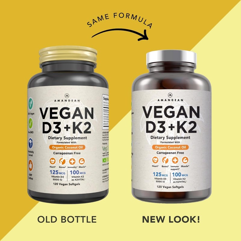AMANDEAN أمانديان فيتامين D3 K2 نباتي 5000 وحدة دولية من الطحالب AllTrans MK7 120 كبسولة لينة خالية من الكاراجينان مزيج زيت جوز الهند العضوي لدعم المزاج والعظام والقلب وصحة المناعة قد يختلف التعبئة والتغليف - Image 2