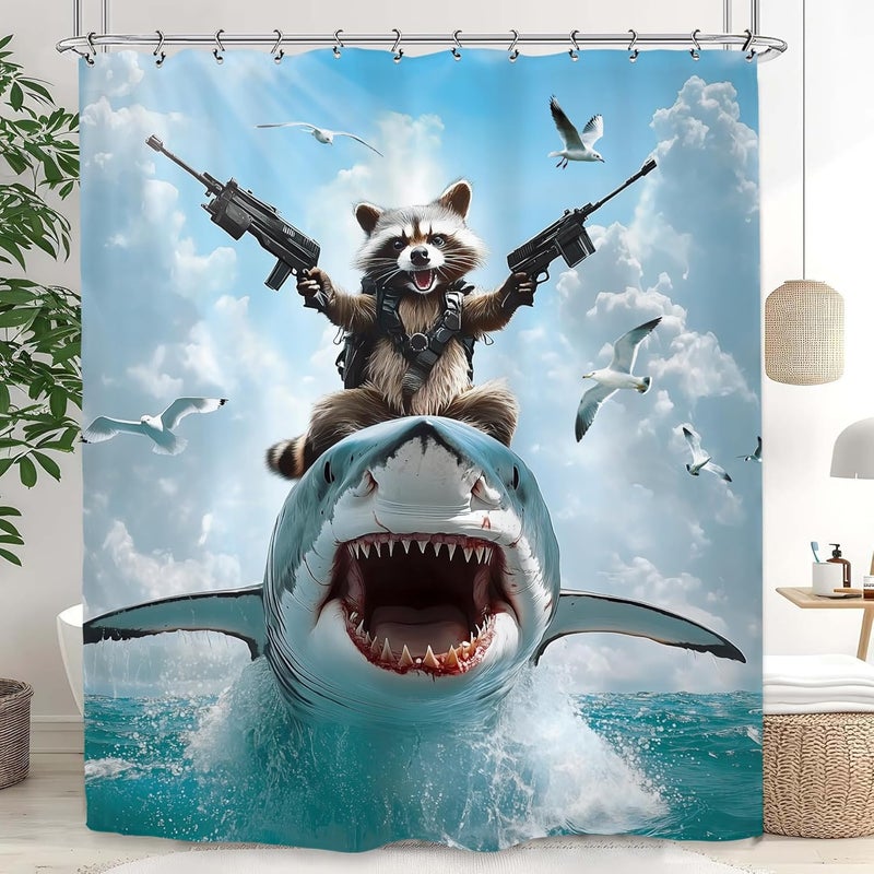 Funny raccoon shark bathroom shower curtain blue 150x 180cm (including 12 hooks) - Image 5