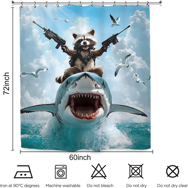 Funny raccoon shark bathroom shower curtain blue 150x 180cm (including 12 hooks) - Image 3