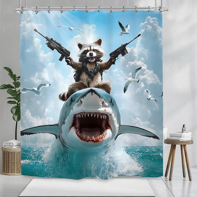 Funny raccoon shark bathroom shower curtain blue 150x 180cm (including 12 hooks) - Image 1