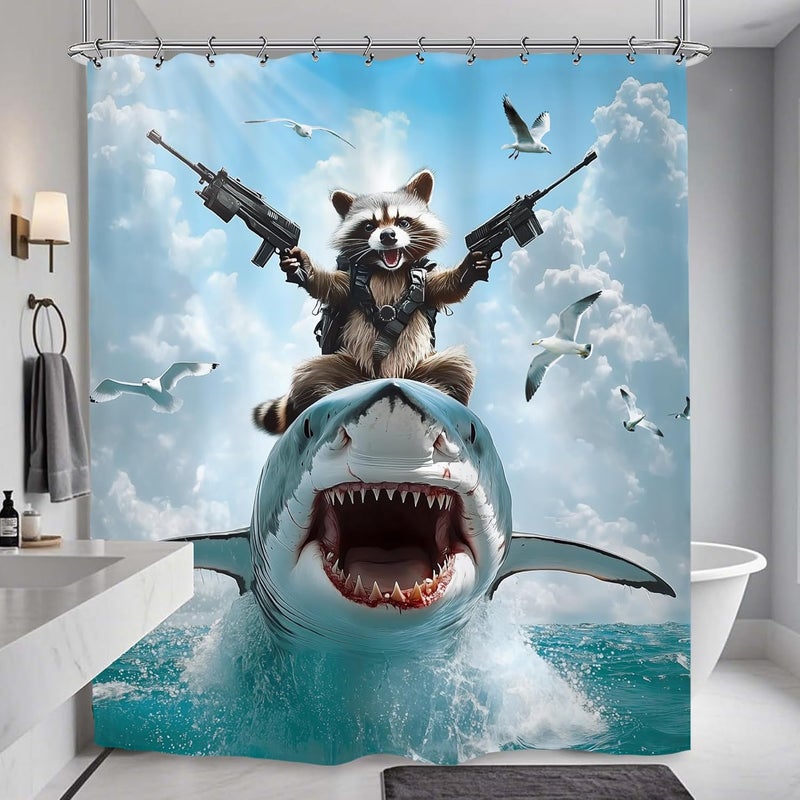Funny raccoon shark bathroom shower curtain blue 150x 180cm (including 12 hooks) - Image 2