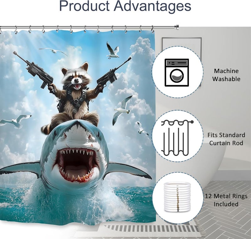 Funny raccoon shark bathroom shower curtain blue 150x 180cm (including 12 hooks) - Image 4