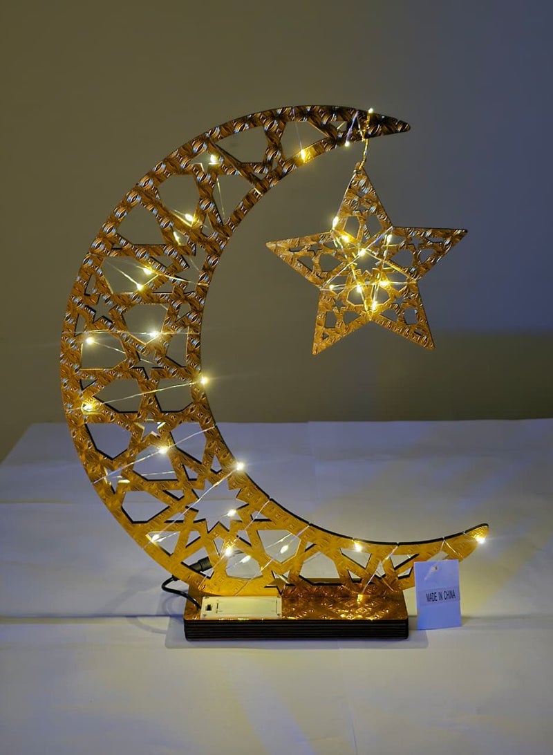 يوويل قطعة مركزية أنيقة لتزيين طاولة رمضان، مزودة بإضاءة LED على شكل هلال خشبي ذهبي، مثالية للمنزل والمكتب والمتاجر. هلال إسلامي أنيق، هدية رائعة لرمضان والعيد، بطول 45 سم. - Image 3