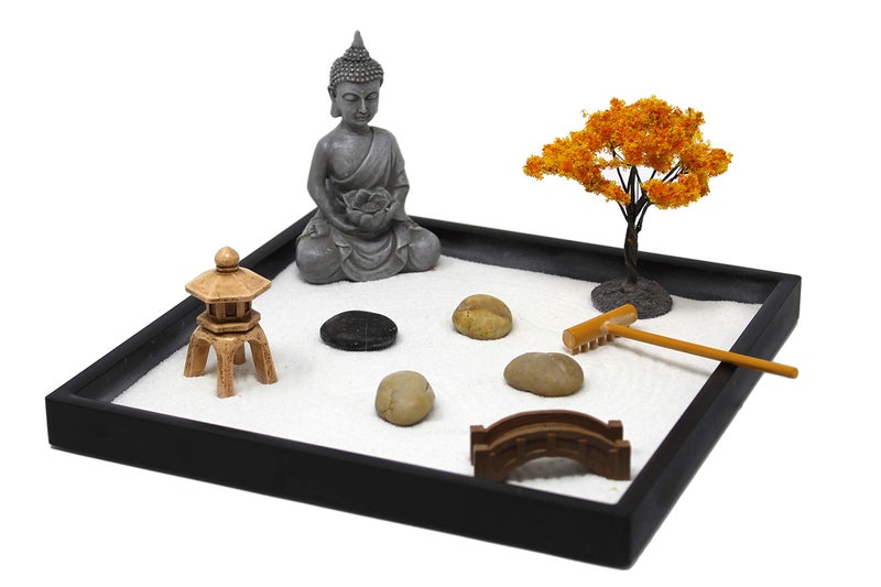 Natures Mark Mini Zen Garden Kit for Desk with Rake White Sand Buddha Bridge Black Square Base River Rocks and Mini Blossom Tree 9Lx9W A
