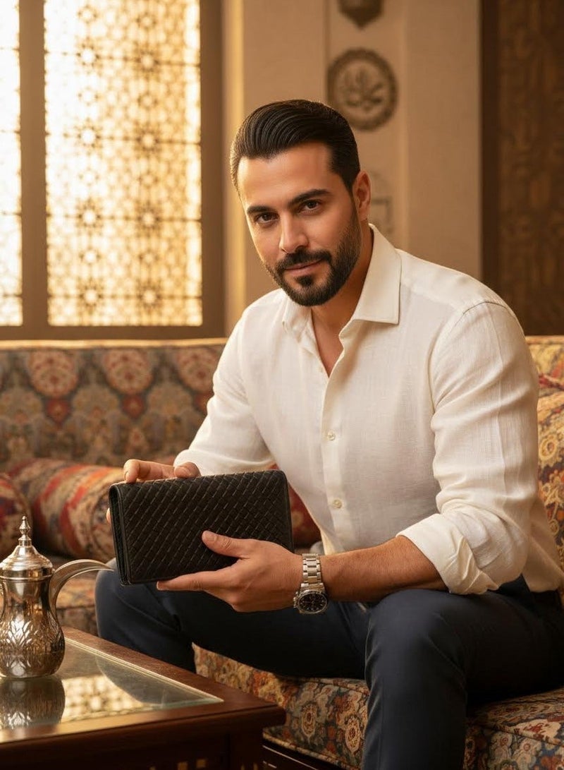 مافيك محفظة رجالية طويلة من الجلد المنسوج الفاخر - حقيبة يد للأعمال (Clutch) مع حجب RFID ومكان للهاتف - سعة كبيرة 14 بطاقة وجيب سحاب - صندوق هدايا - Image 3