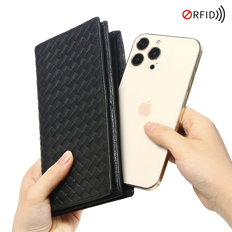مافيك محفظة رجالية طويلة من الجلد المنسوج الفاخر - حقيبة يد للأعمال (Clutch) مع حجب RFID ومكان للهاتف - سعة كبيرة 14 بطاقة وجيب سحاب - صندوق هدايا - Image 4