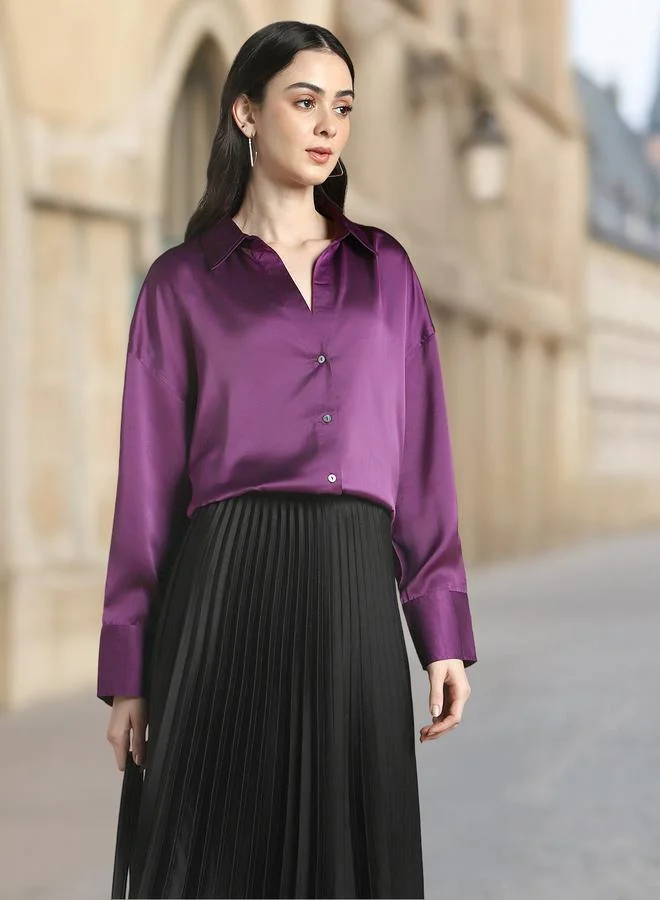 Dennis Lingo Purple Relaxed Fit Shirts Solid design crafted from Satin featuring Long Sleeves with Button closure.