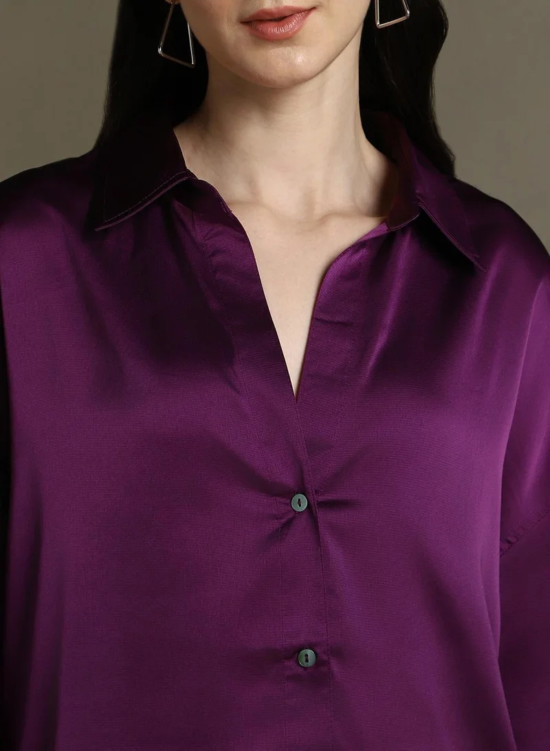 Dennis Lingo Purple Purple Relaxed Fit Shirts Solid design crafted from Satin featuring Long Sleeves with Button closure. for Women | Best Price UAE