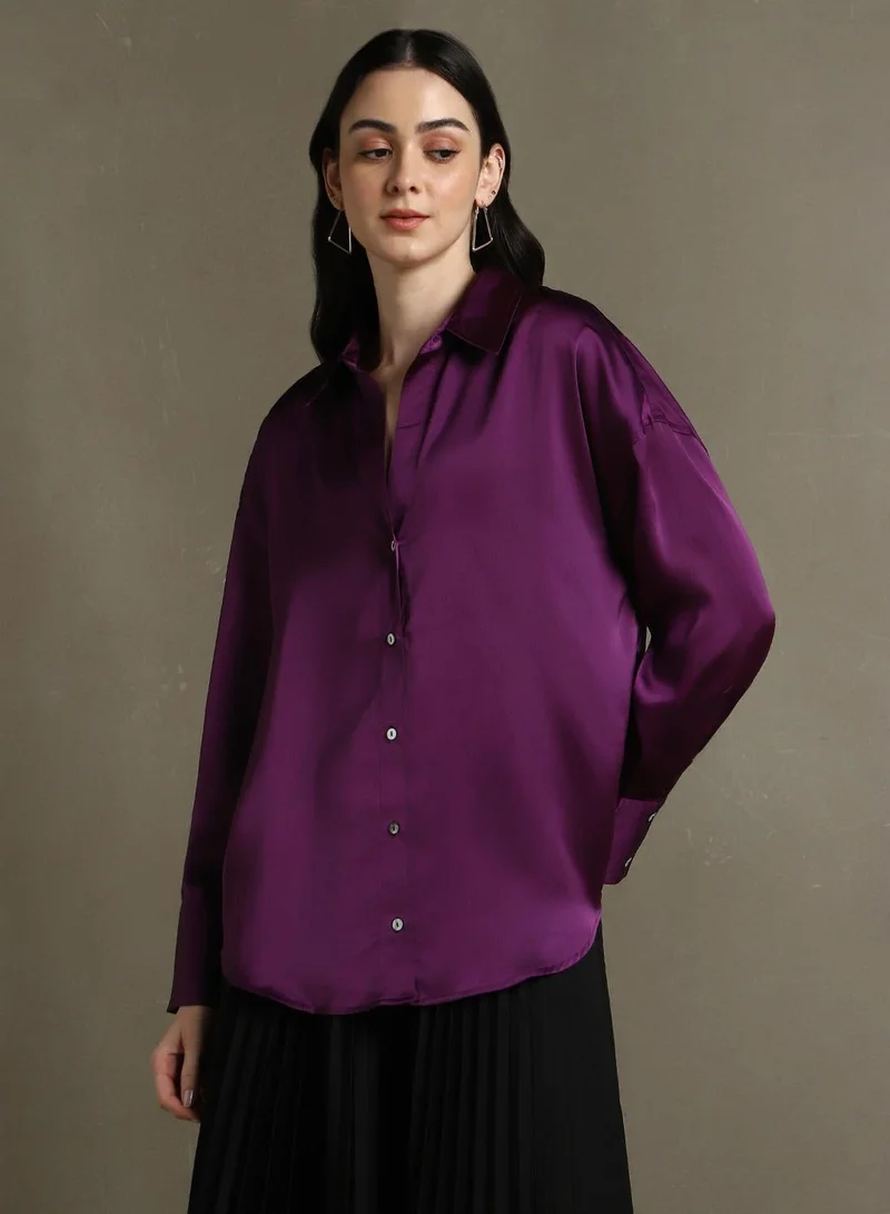 Dennis Lingo Purple Relaxed Fit Shirts Solid design crafted from Satin featuring Long Sleeves with Button closure.