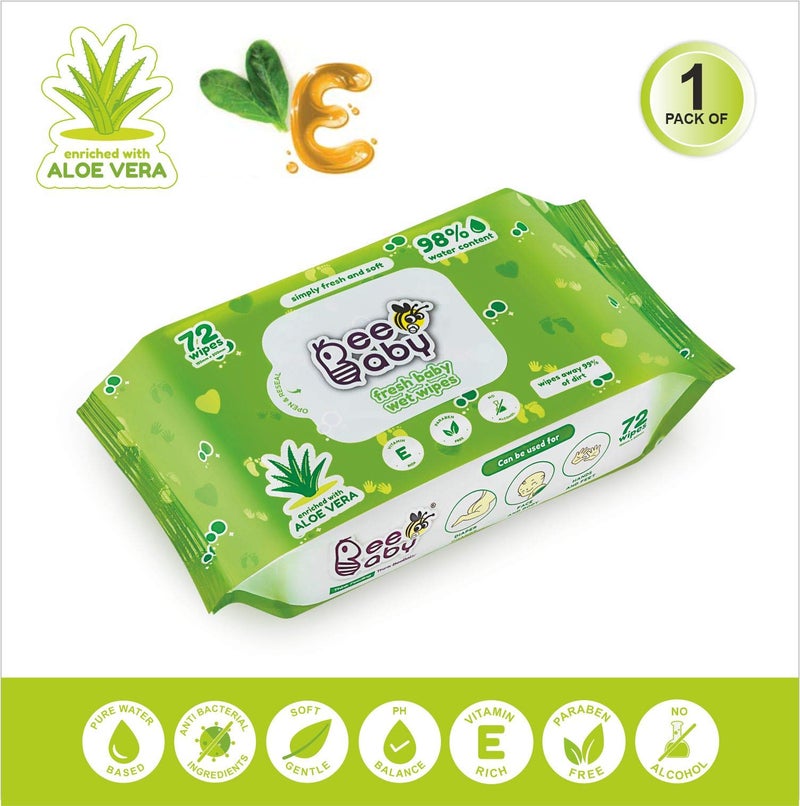 BeeBaby Fresh Aloe Vera Baby Wet Wipes - 3 Pack of 72 Pieces- white - Image 2