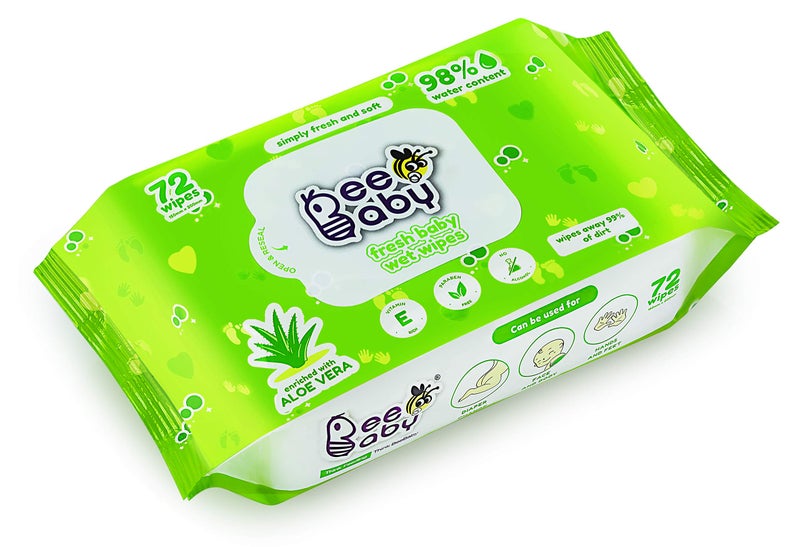 BeeBaby Fresh Aloe Vera Baby Wet Wipes - 3 Pack of 72 Pieces- white - Image 1