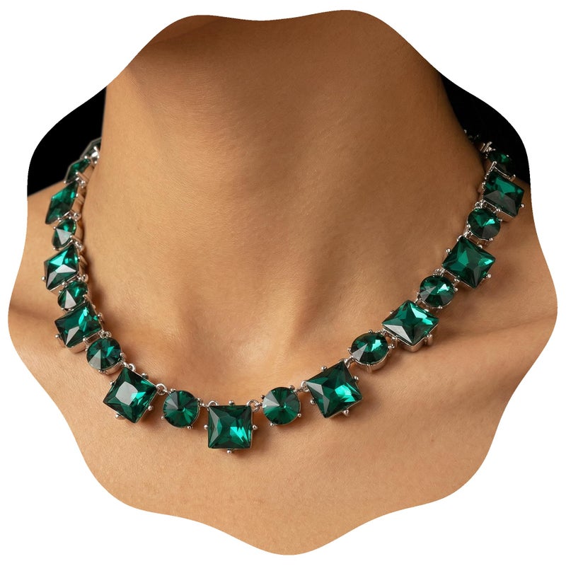 XILAZAB Emerald Green Crystal Rhinestone Statement Bib Choker Necklace for Women Sparkly Dark Green Square Round Gem Stone Collar Necklace Green Prom Costume - Image 1