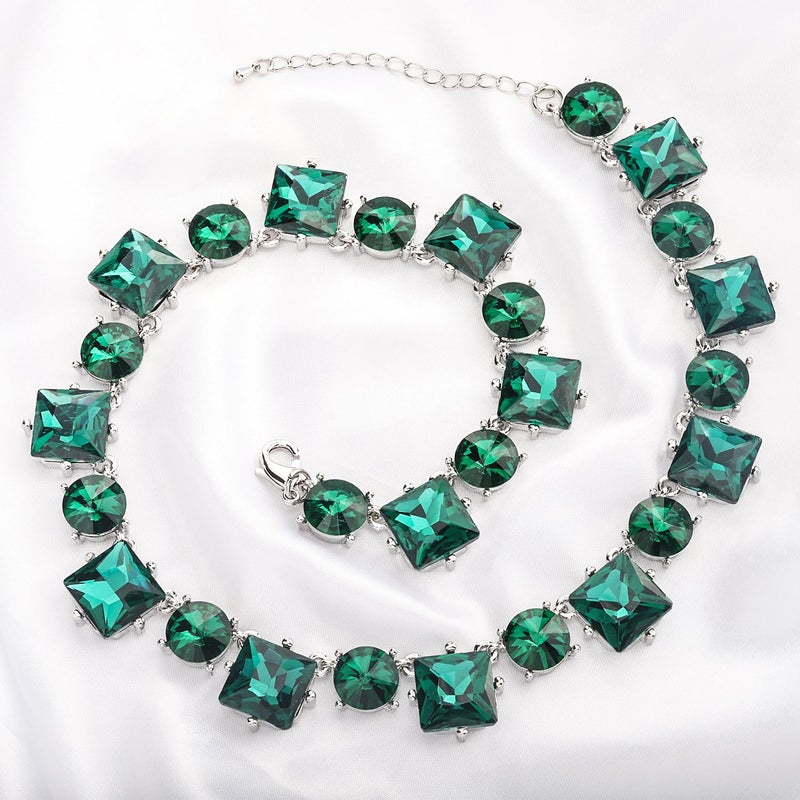 XILAZAB Emerald Green Crystal Rhinestone Statement Bib Choker Necklace for Women Sparkly Dark Green Square Round Gem Stone Collar Necklace Green Prom Costume - Image 5