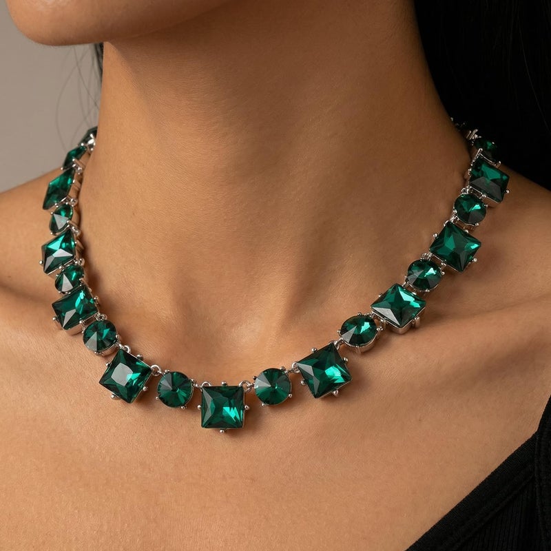 XILAZAB Emerald Green Crystal Rhinestone Statement Bib Choker Necklace for Women Sparkly Dark Green Square Round Gem Stone Collar Necklace Green Prom Costume - Image 2