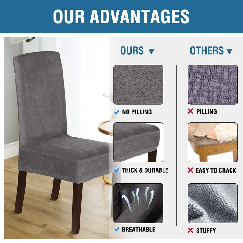 H.VERSAILTEX Velvet Dining Chair Covers Stretch Chair Covers for Dining Room Set of 4 Parson Chair Slipcovers Chair Protectors Covers Dining  Soft Thick Solid Velvet Fabric Washable  Grey - Image 4