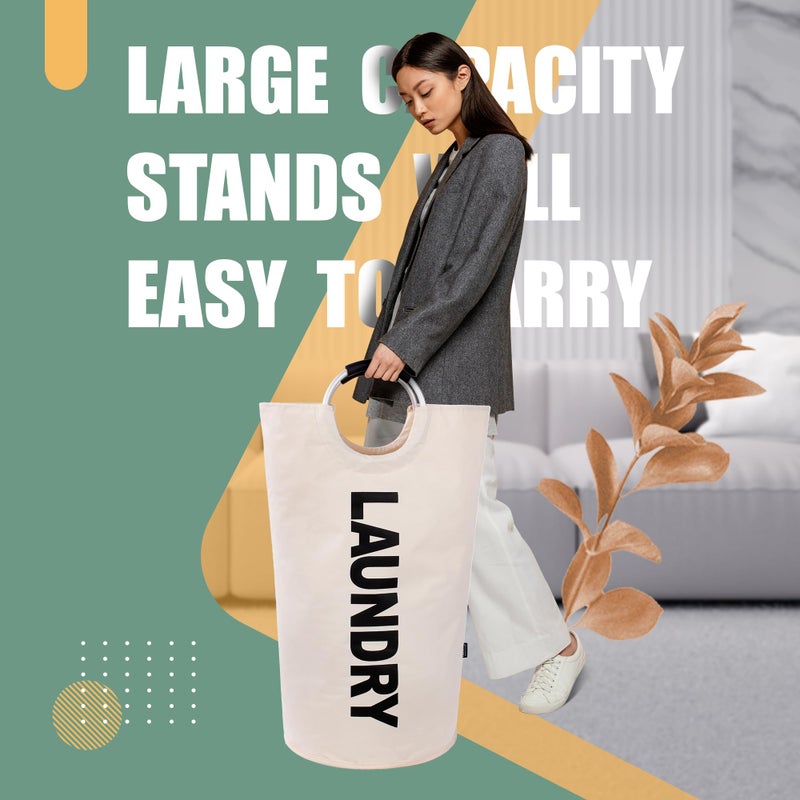Caroeas 125L Laundry Basket,Large Laundry Hamper, Laundry Bag with Padded Handles, Clothes Hamper Stands Up Well, Collapsible Free Standing Easy Storage Washing Bin (Beige,125L) - Image 2