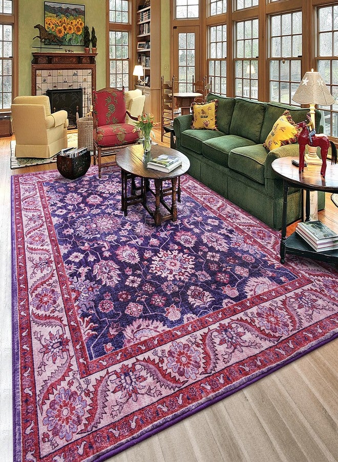 Rtizon Area Rugs for Living Room, Washable 5x7 Area Rug for Bedroom, Retro Floral Carpet with Non-Slip Rubber Backing for Girls's Beside Dorm Home Office Dining Room Kitchen, Blue and Purple - Image 1