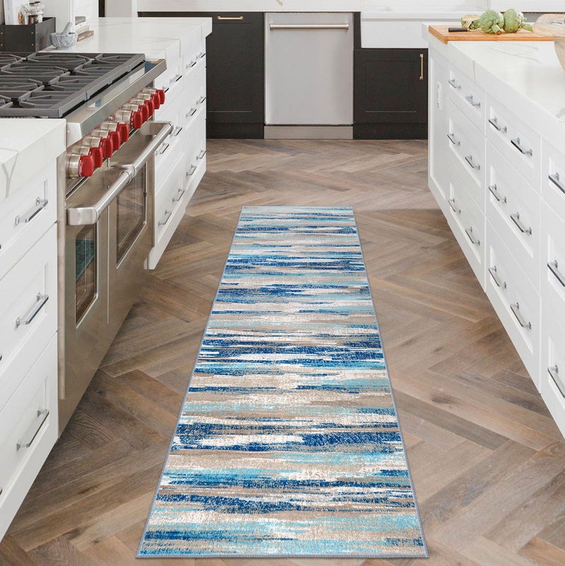 Lansny Abstract Runner Rug 2x6, Blue Washable Hallway Runner Rug Non-Slip, Soft Printed Kitchen Runner, Thin Faux Wool Runners for Hallways, Modern Floor Carpet for Entryway Bedroom Hall Indoor - Image 2