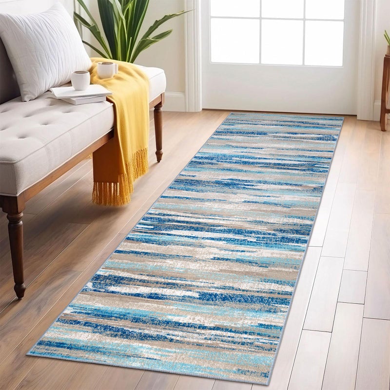 Lansny Abstract Runner Rug 2x6, Blue Washable Hallway Runner Rug Non-Slip, Soft Printed Kitchen Runner, Thin Faux Wool Runners for Hallways, Modern Floor Carpet for Entryway Bedroom Hall Indoor - Image 1