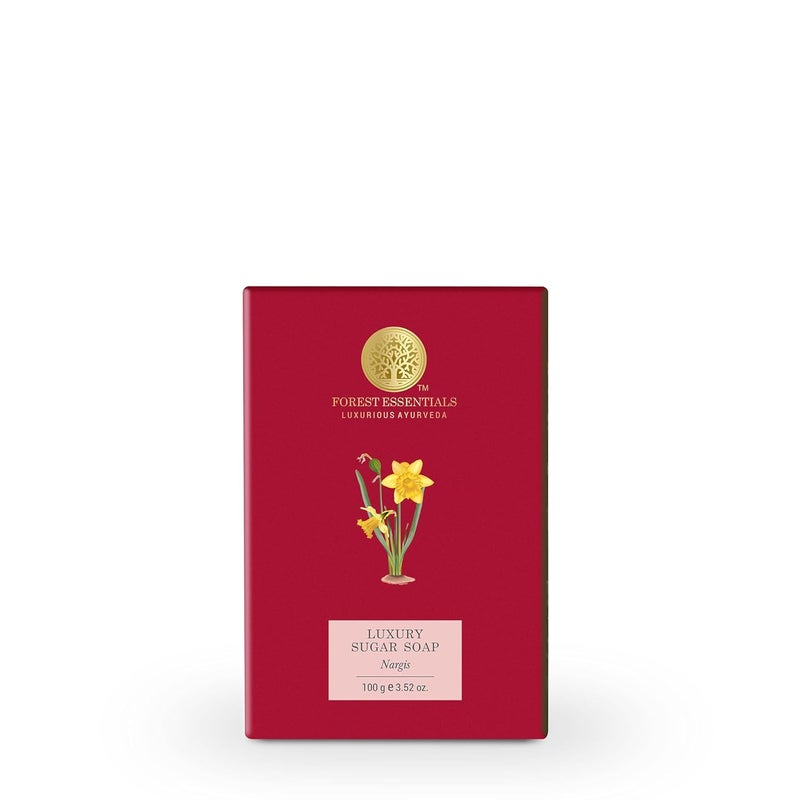 Forest Essentials صابون سكر فاخر من فورست إسينشالز نرجس آيروفيدي يدوي الصنع صابون عضوي للاستحمام صابون معطر لبشرة ناعمة سلسة مصنوع من سكر القصب الخام - Image 1