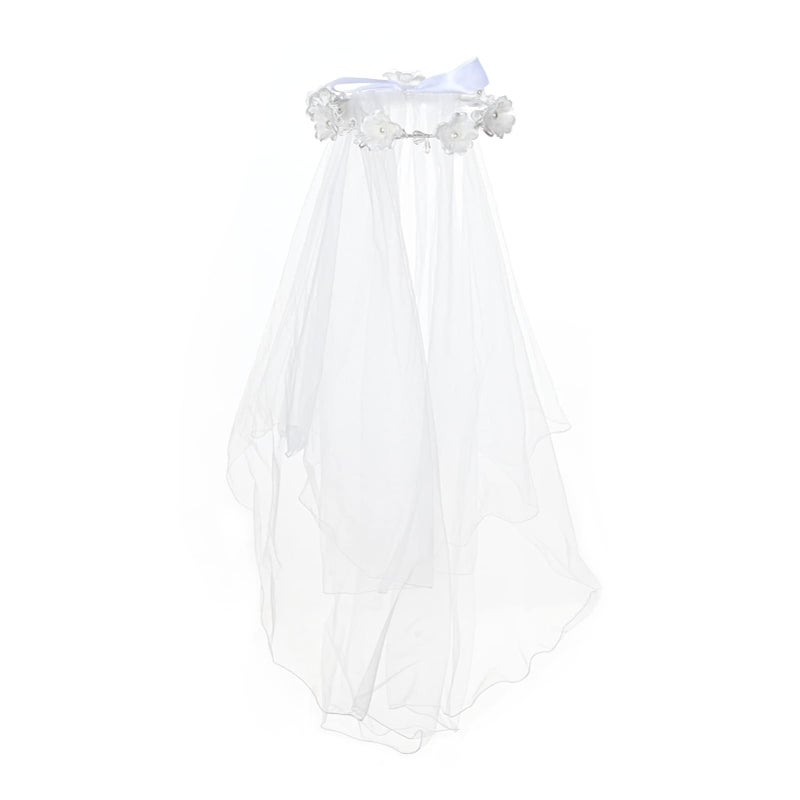 Floral Fall First Communion Flower Girl Bow Wedding Veil White Flower Wreath Pearl Rhinestone Floral Crown (White Pearl Crown) - Image 1
