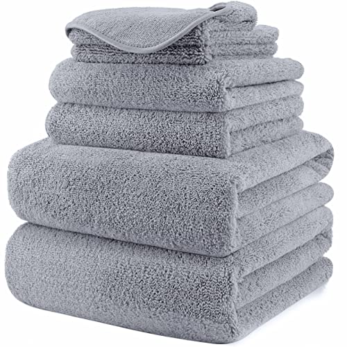 POLYTE Oversize, 60 x 30 in., Quick Dry Lint Free Microfiber Bath Towel Set, 6 Piece (Gray) - Image 1