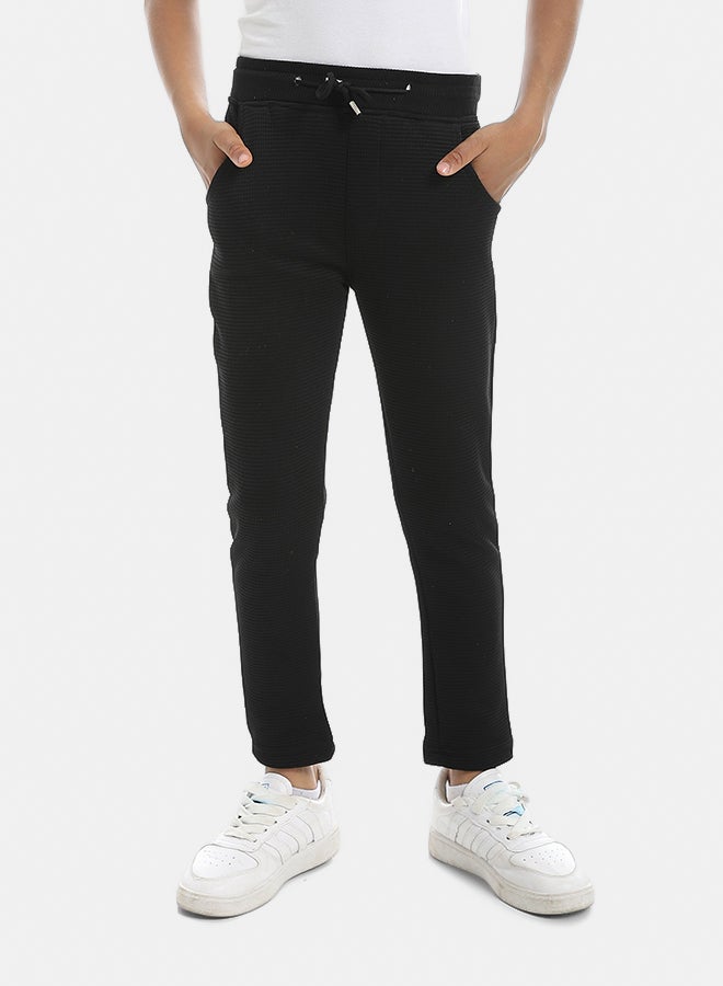 Andora Self Patterened Black Elastic Waist Casual Pants-Black - Image 1