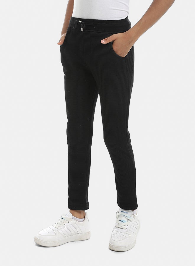 Andora Self Patterened Black Elastic Waist Casual Pants-Black - Image 2