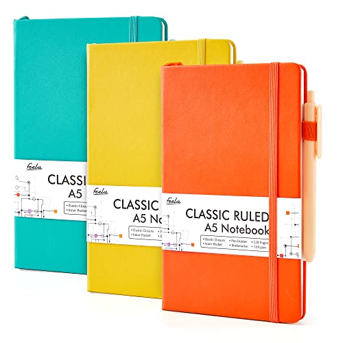 feela Hardcover Notebook For Work, Classic Ruled Lined Journal Set School Business Supplies, with 3 Black Pens, 120 GSM, 5.1”x8.3”, 3 Pack, A5, Solid Colors, Yellow, Orange, Emerald - Image 1