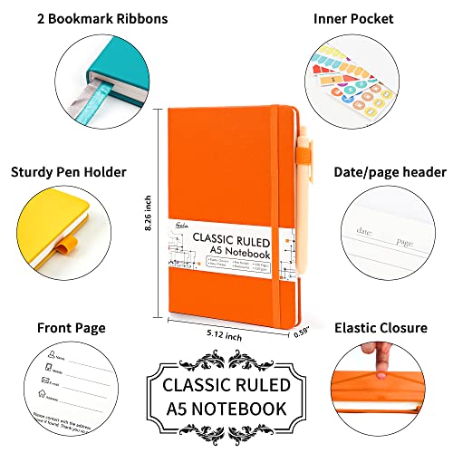 feela Hardcover Notebook For Work, Classic Ruled Lined Journal Set School Business Supplies, with 3 Black Pens, 120 GSM, 5.1”x8.3”, 3 Pack, A5, Solid Colors, Yellow, Orange, Emerald - Image 2
