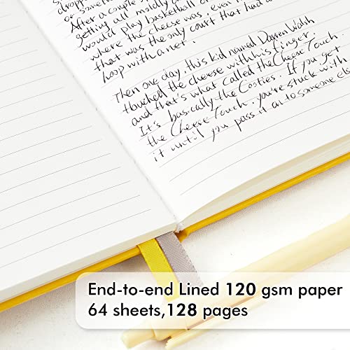 feela Hardcover Notebook For Work, Classic Ruled Lined Journal Set School Business Supplies, with 3 Black Pens, 120 GSM, 5.1”x8.3”, 3 Pack, A5, Solid Colors, Yellow, Orange, Emerald - Image 3