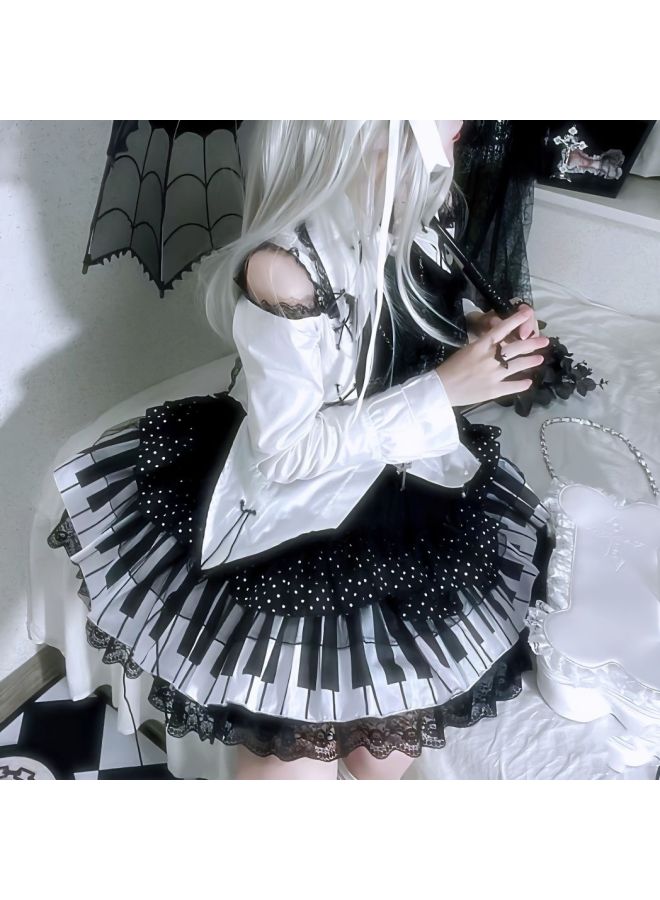 Japanese Spice Girls Punk Middle And Piano Keys Wave Dot Lace Skirt Lotus Keys Skirt Subculture Cake Skirt 