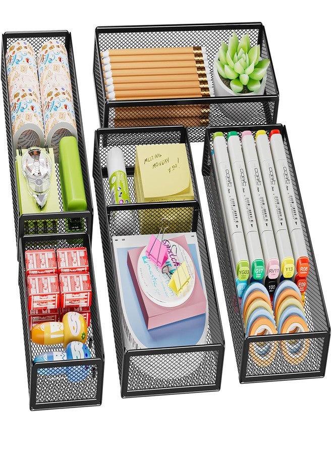 Marbrasse 5 Pack Desk Drawer Organizer Set, Mesh Drawer Storage Trays with 1 Adjustable Divider, Desk Organizers and Accessories, 5 PCS Drawer for Office Supplies, Makeup & Vanity (Black) - Image 1